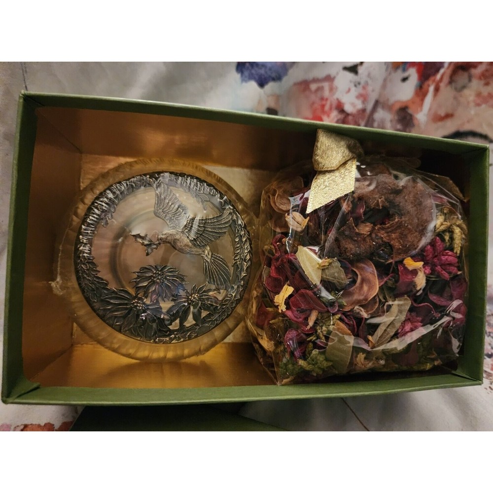 New Vintage 1993 RAWCLIFFE Pewter Glass BIRD POINSETTA Potpourri & Jar